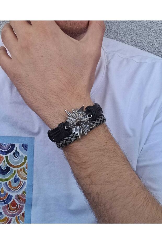 Set of 2 Genuine Leather Bracelets with Wolf Head and Viking Scandinavian Figure