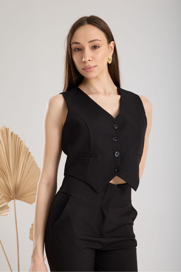 V-Neck Buttoned Blazer Black Crop Vest