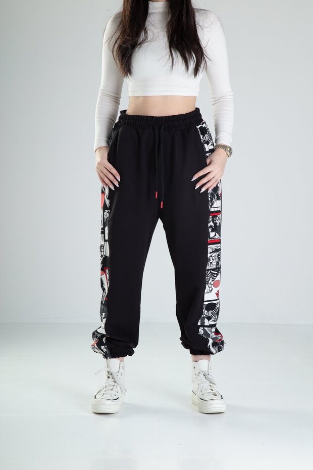 Comic Patterned Black Jogger - 1