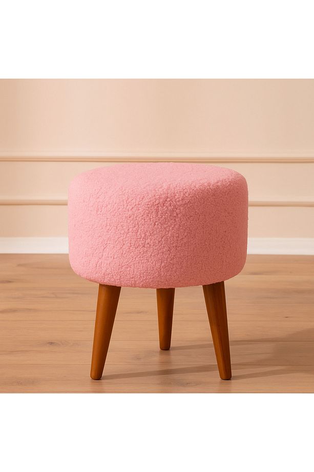 Puf Ahşap Ayak Peluş Kumaş Makyaj Pufu Tabure Ayak Uzatma Toz Pembe - 1