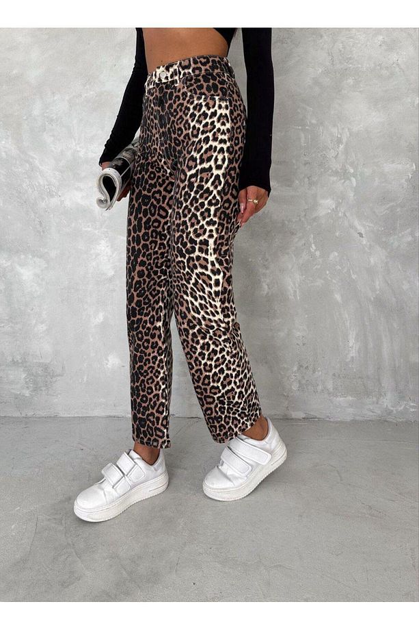 Leopar Desen Geniş Paça Yüksek Bel Pantolon - 5