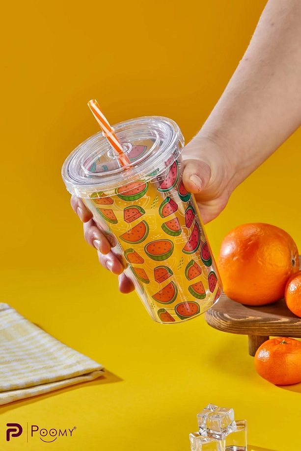 Çilek Desenli 500 ML Çift Katmanlı Mika Pipetli Bardak - 2