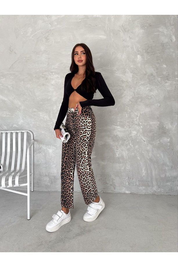 Leopar Desen Geniş Paça Yüksek Bel Pantolon - 3