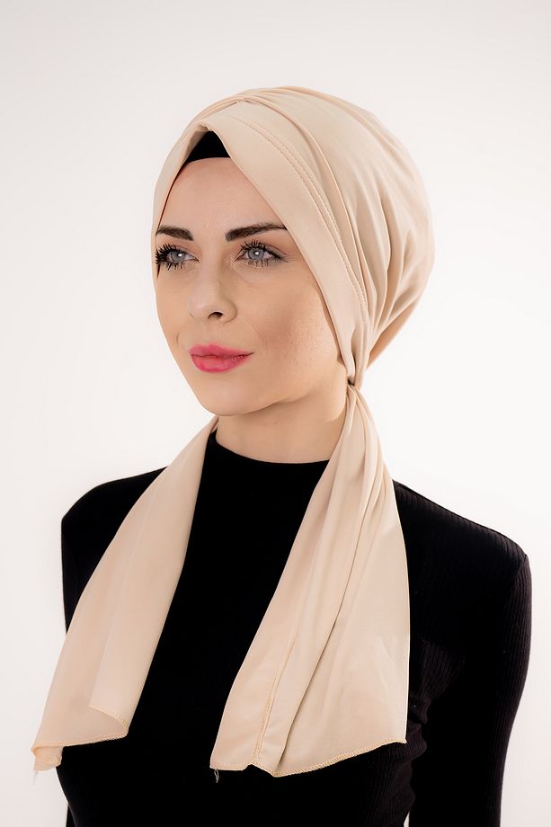Üç Farklı Bağlamalı Dubai Model Hazır Pratik Şal Bej - 6