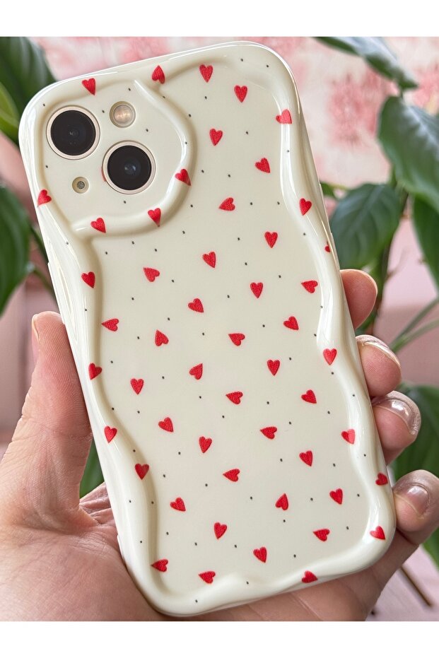 iPhone 14 Plus / 15 Plus Case Camera Protected Wave Edge Red Heart Pattern Silicone - 6