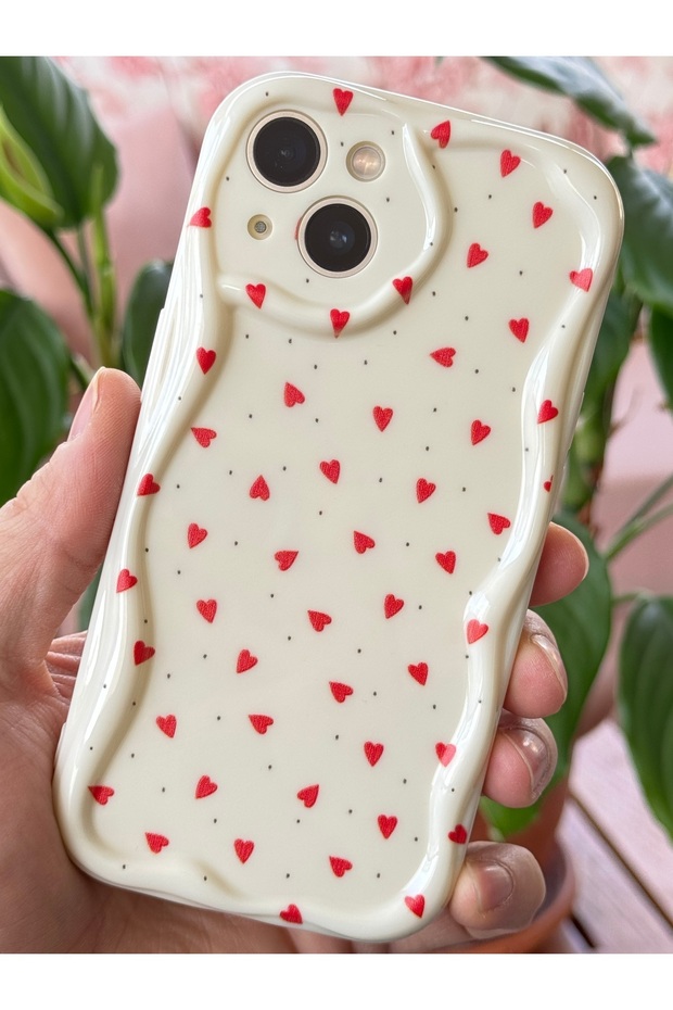 iPhone 14 Plus / 15 Plus Case Camera Protected Wave Edge Red Heart Pattern Silicone - 4