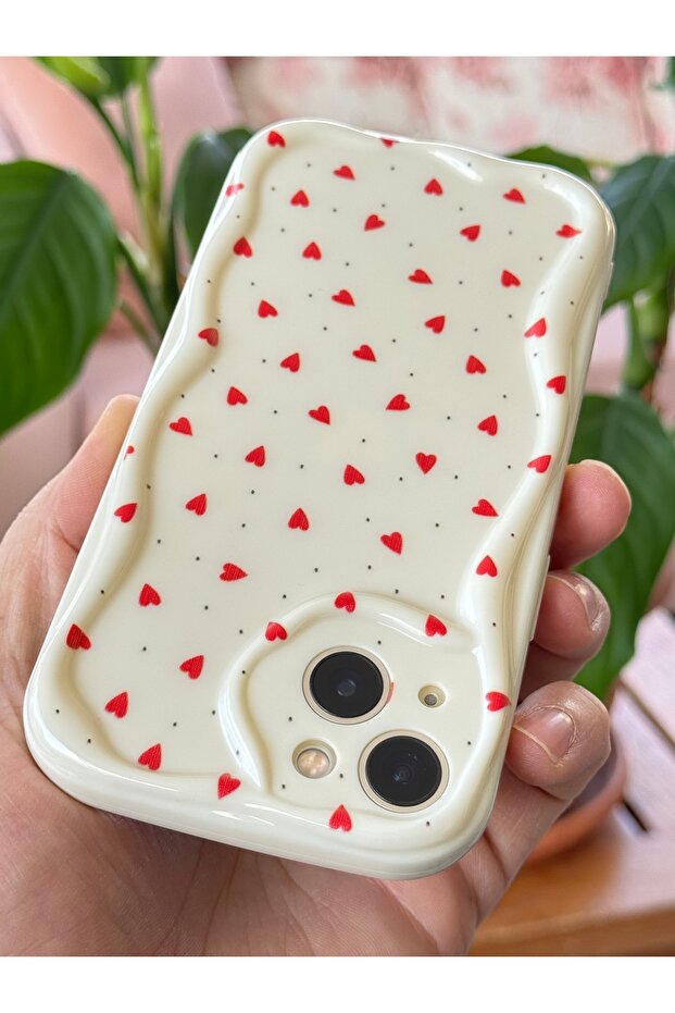 iPhone 14 Plus / 15 Plus Case Camera Protected Wave Edge Red Heart Pattern Silicone - 8