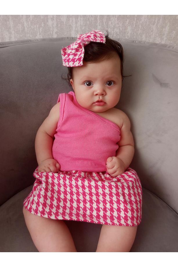 Bebek Fuşya Kazayağı Etek Pembe Tek Kol Crop Ve Bandana Seti Takımı - 2