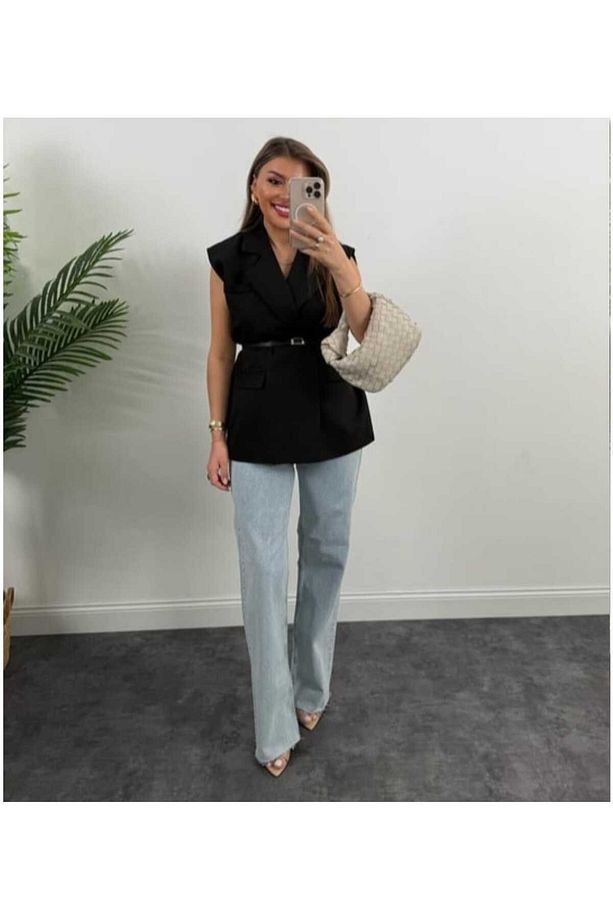 Astarlı Kemerli Düğmeli Oversize Yelek - 2