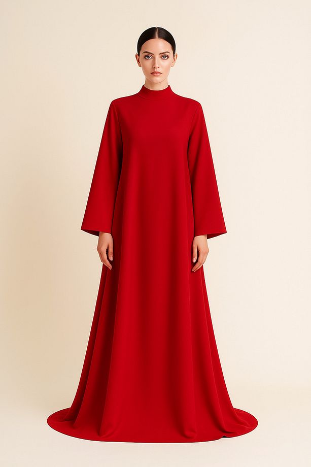 Geniş Kol Detaylı Oversize/Regular Kalıp Kırmızı Krep Maxi Elbise - 2