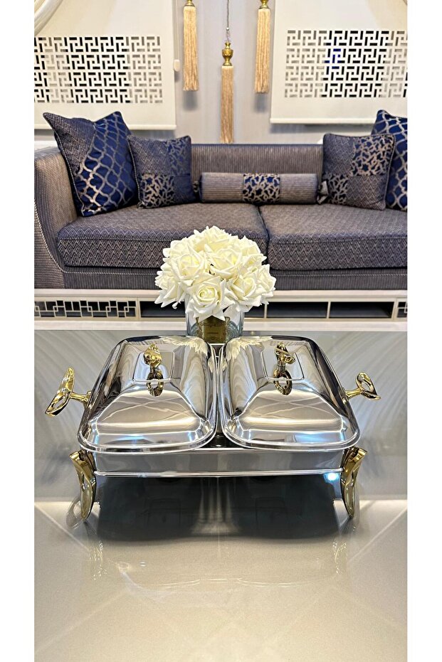 Gold Silver Two-Compartment Rectangular Serving Set - 3