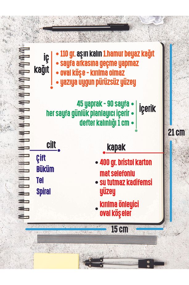 Günlük Planlayıcı Tarihsiz Ajanda | 90 Sayfa | Sert Karton Kapak | Çelik Spiral | Kızıl Güneş Serisi - 4