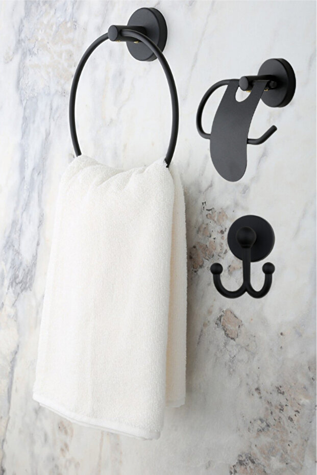 Black Ring Towel Holder, Narrow Covered Toilet Paper Holder, Fork Robe Hanger, Set of 3