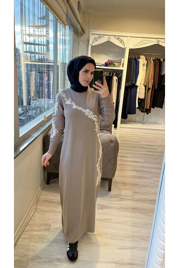 İNVEE 6848 İşlemeli Vizon Triko Elbise - 4