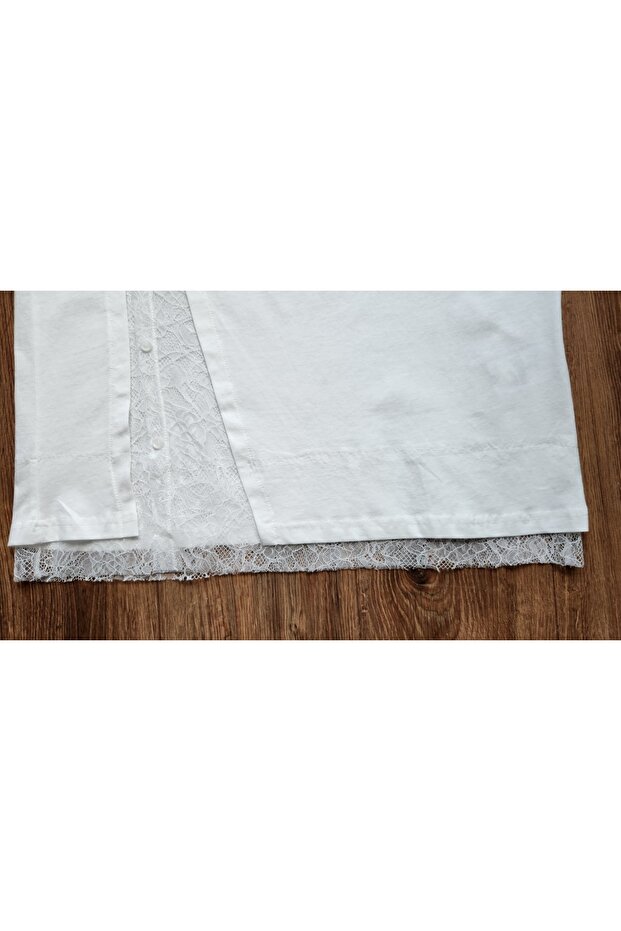 Beyaz Dantel Detaylı Basic T-Shirt - 2