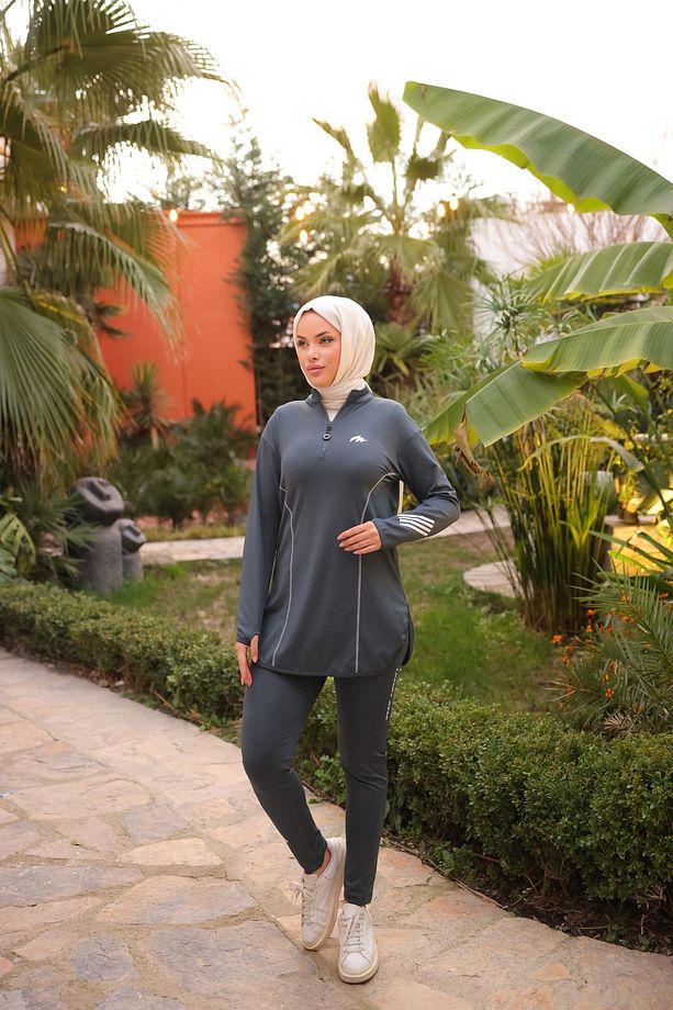 Kadın Fermuarlı Dalgıç Kumaş Jogger Spor Eşofman Takımı - 6