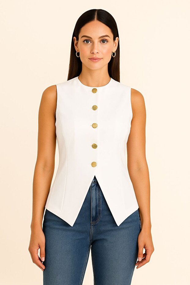 Carina Gold Women's Triangle Vest - Crew Neck, Buttoned