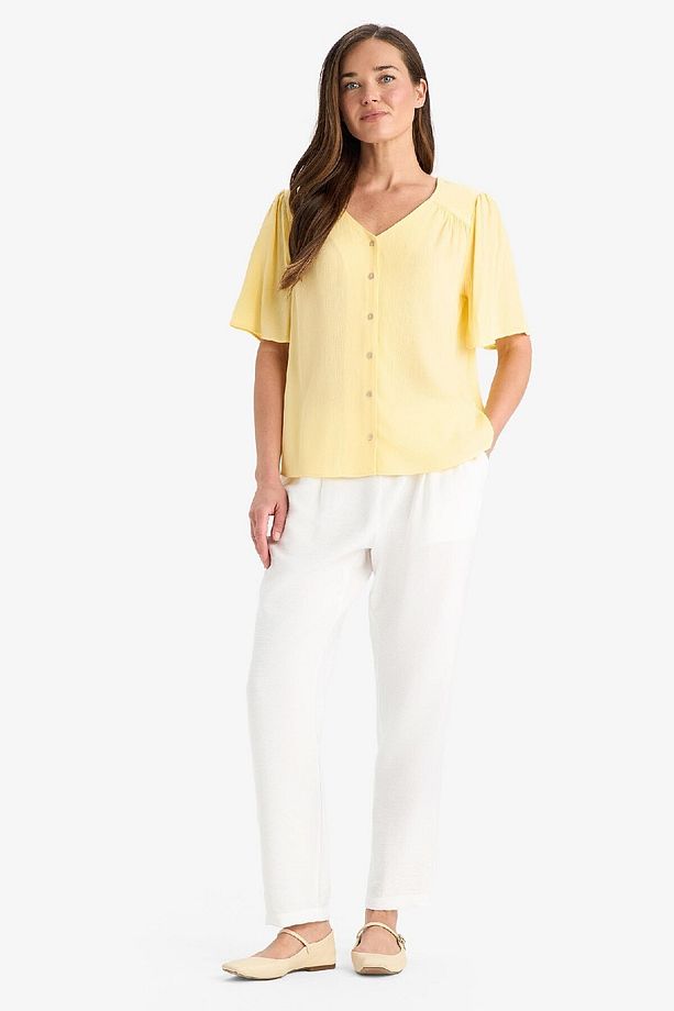 Regular Fit V Yaka Krinkıl Viskon Kısa Kollu Gömlek F0996ax25sm - 5
