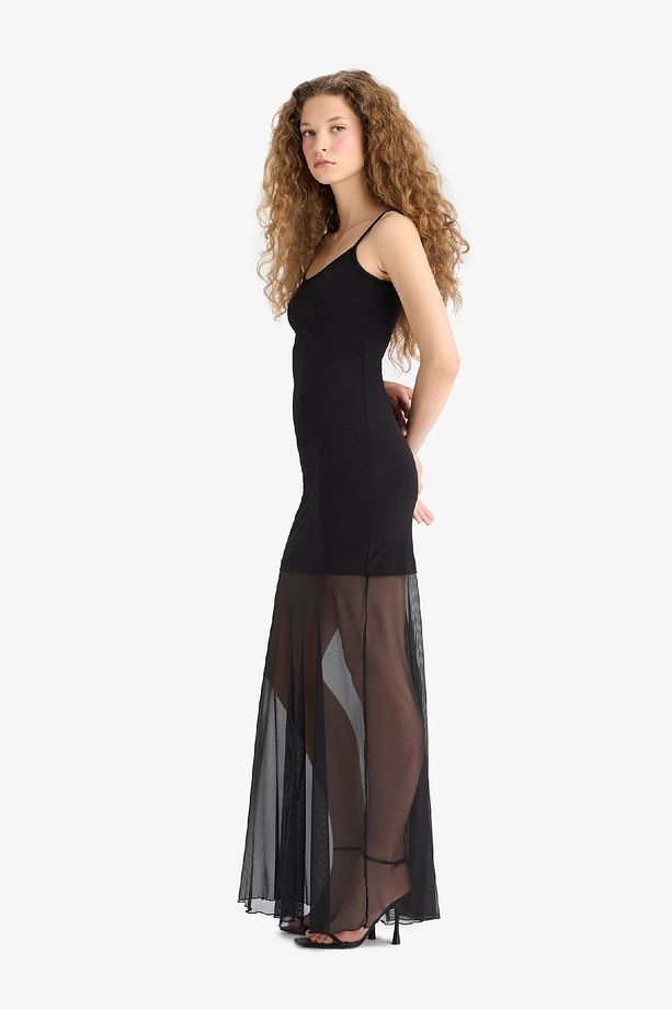 Coool Bodycon Vücudu Saran Kare Yaka Askılı Tül Maxi Elbise F5548AX25SM - 5