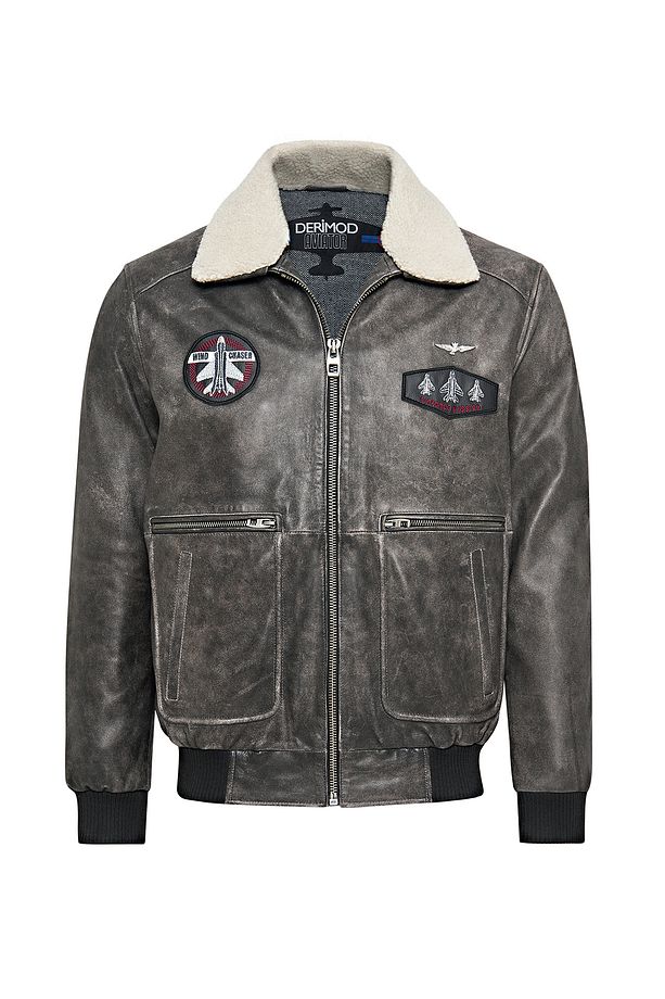 Hurricane Erkek Gri Armalı Yaka Kürklü Deri Pilot Mont 24WGD6543G6 - 1