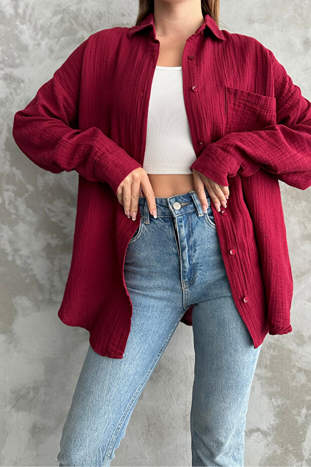 Kadın Bordo Oversize Basic Pamuk Gömlek - 8