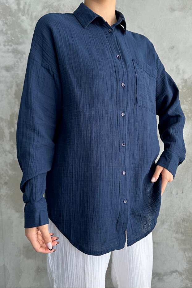 Kadın Lacivert Oversize Basic Pamuk Gömlek - 3