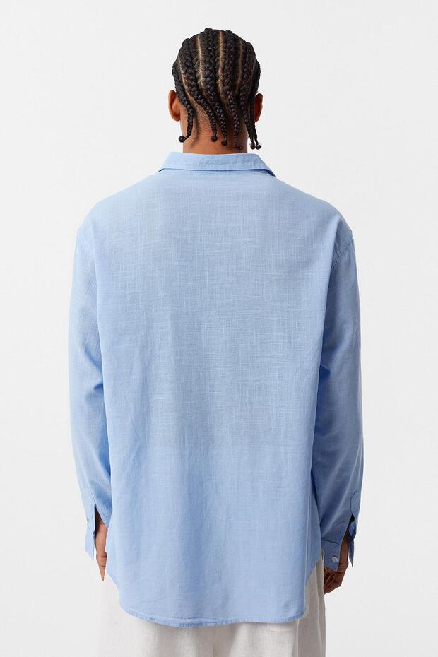 Basic Oversize Pamuk Keten Gömlek Mavi - 6