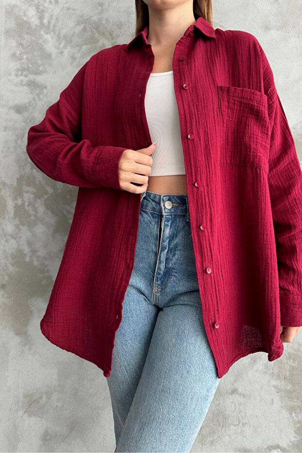 Kadın Bordo Oversize Basic Pamuk Gömlek - 7