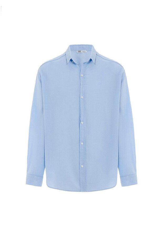 Basic Oversize Pamuk Keten Gömlek Mavi - 3