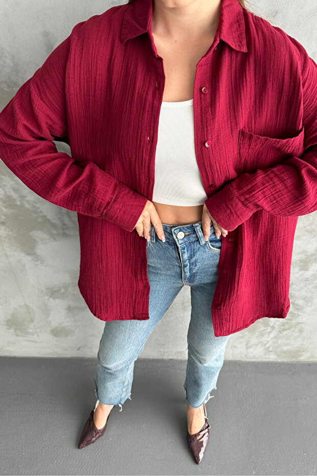 Kadın Bordo Oversize Basic Pamuk Gömlek - 6
