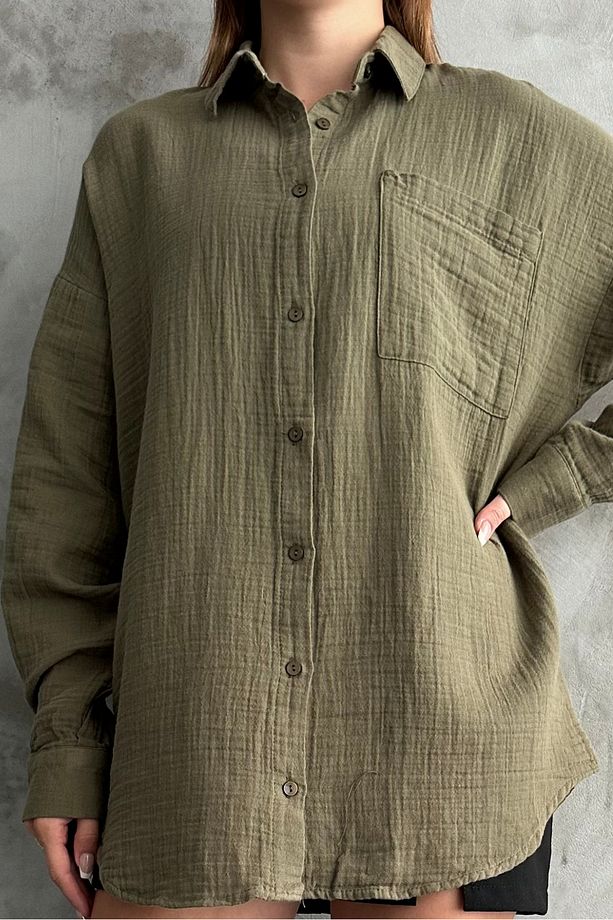 Kadın Haki Oversize Basic Pamuk Gömlek - 7