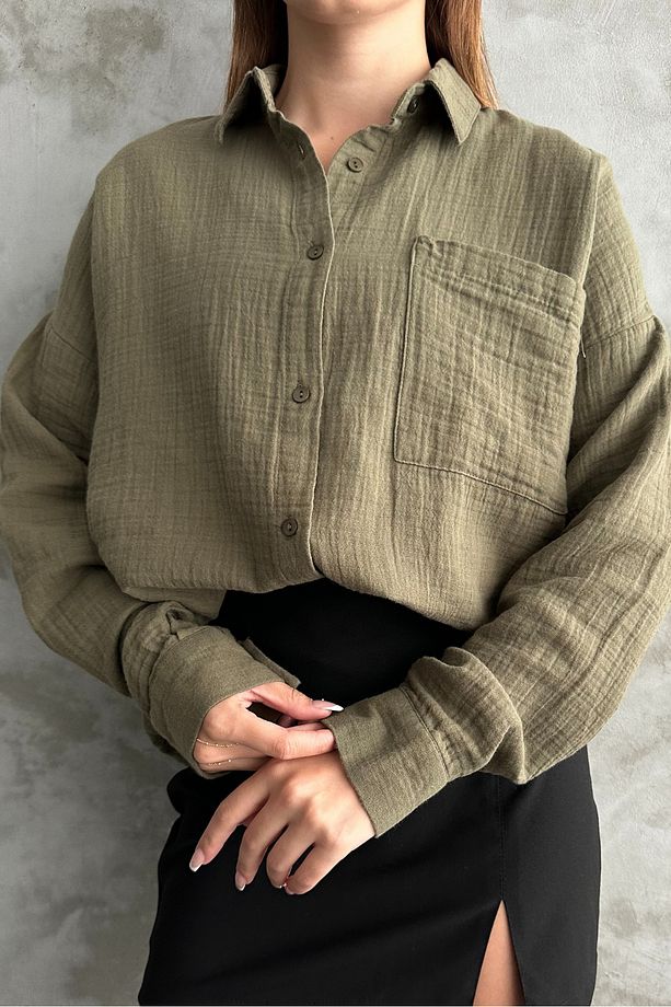 Kadın Haki Oversize Basic Pamuk Gömlek - 3