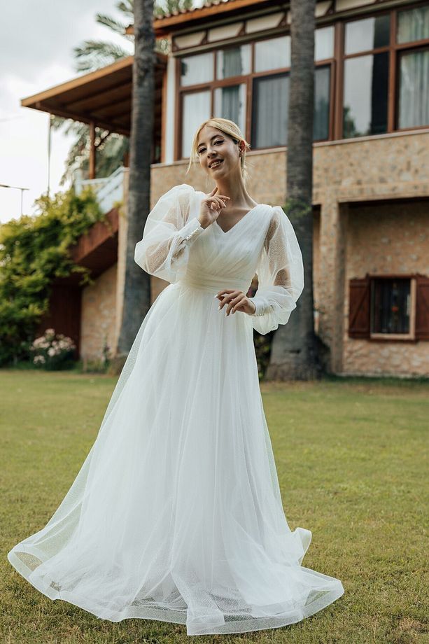 Agatha Simli Tül Göğüs Drapeli V Yaka Nişan & Isteme Elbisesi - 3