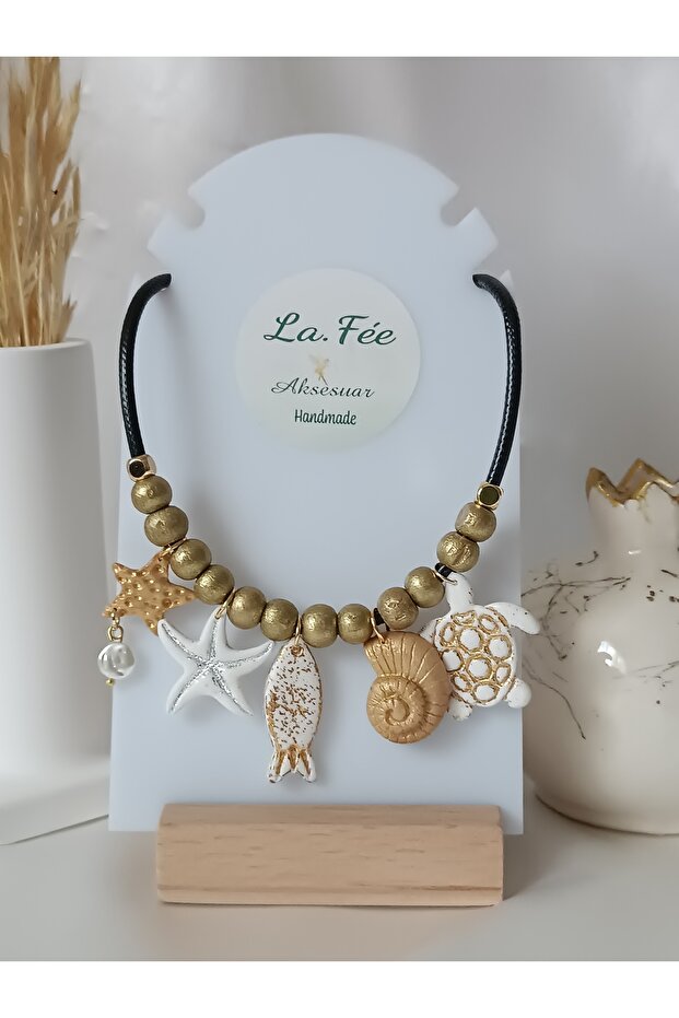 Turtle Fish Sea Star Oyster Seashell Pearl Detail Handmade Polymer Clay Choker Necklace