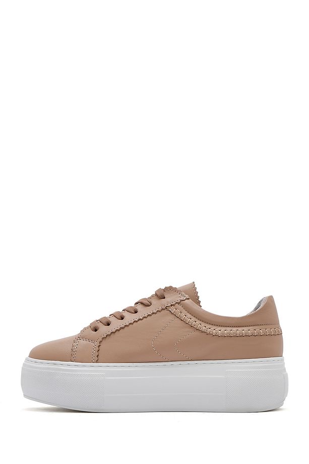 Kadın Bej Bağcıklı Kalın Tabanlı Deri Sneaker 25SFD371318 - 2