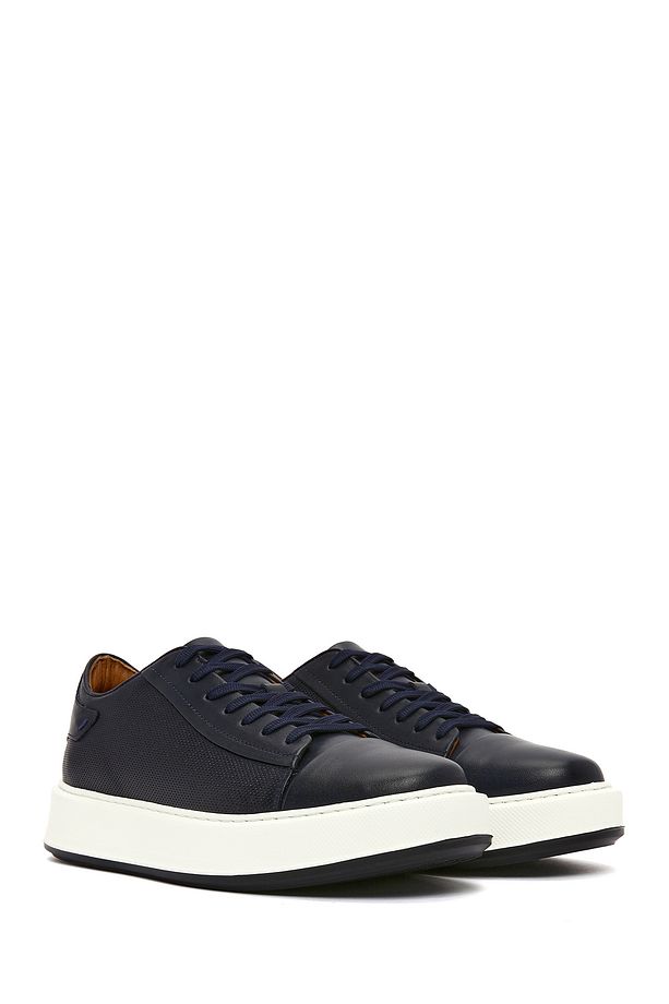 Erkek Lacivert Bağcıklı Kalın Tabanlı Deri Sneaker 25SFD610618 - 3