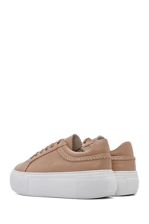 Kadın Bej Bağcıklı Kalın Tabanlı Deri Sneaker 25SFD371318 - 5