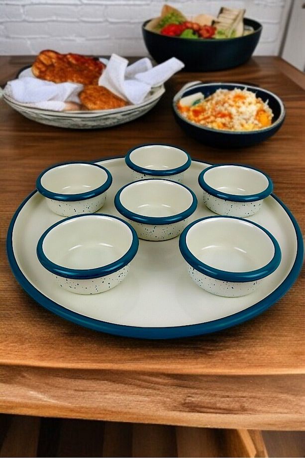 7 Parça Orta Boy Emaye Kahvaltı Seti, Sunum, Kahvaltı Tabağı, Reçellik, Zeytin, Peynir Tabağı, - 1