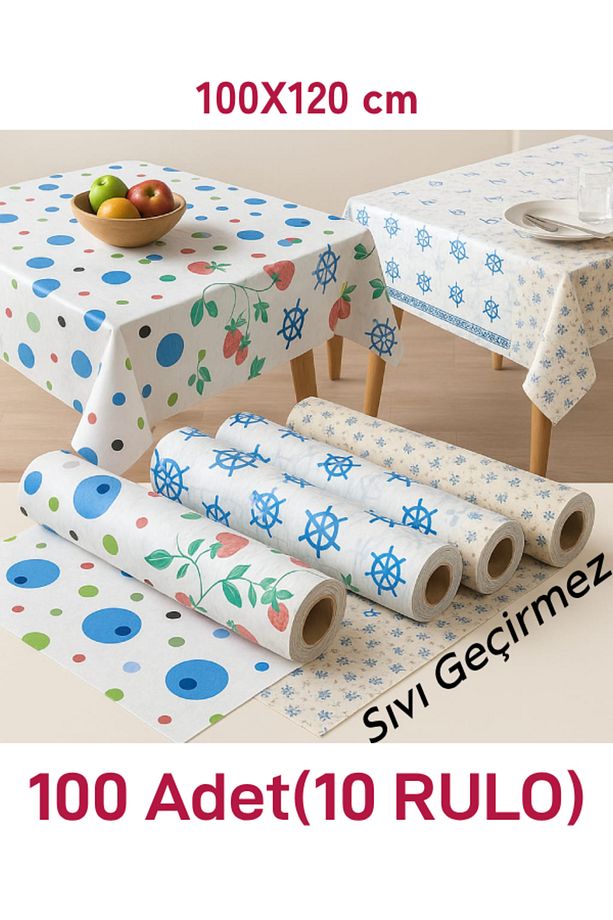 100 Adet Kullan At Masa Örtüsü Sıvı Geçirmez(10 RULO) Tek Kullanımlık 100x120 Cm Piknik Sofra Kağıdı - 1