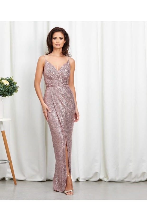 Women's Strappy Waist Shirred Slit Sequined Long Evening Dress or Graduation Dress Dried Rose