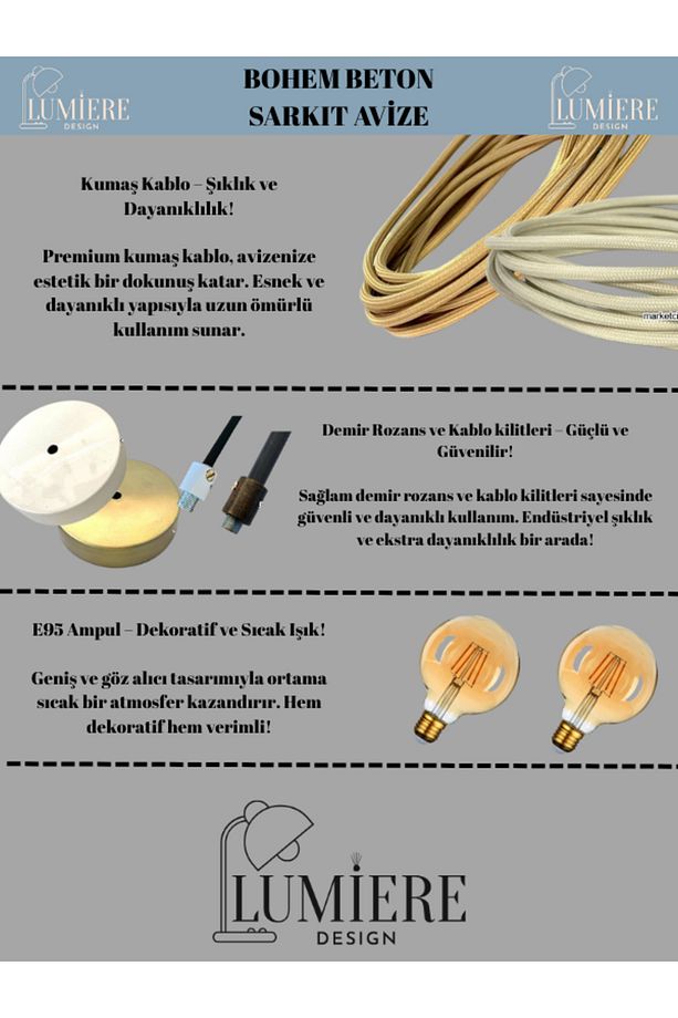 Beton Görünümlü İskandinav Bohem 3’lü Sarkıt Avize - Yemek Masası Salon Avize + Ampul Dahil - 8