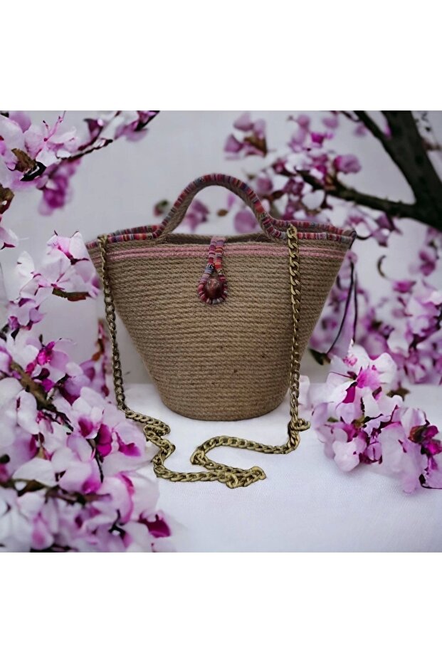 Straw Bag Design Midi Size Bag, Elite and Authentic Women's Bag, Handmade Bag Jute Bag