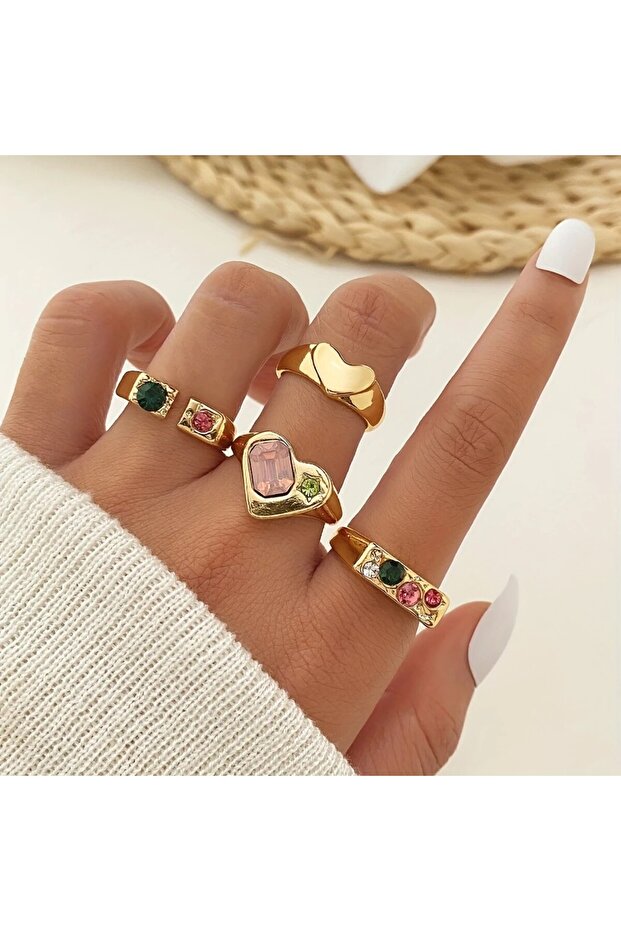 4 Pieces Gold Color Joint Ring Set Vip Mineral Multi Combination Women's Ring Set