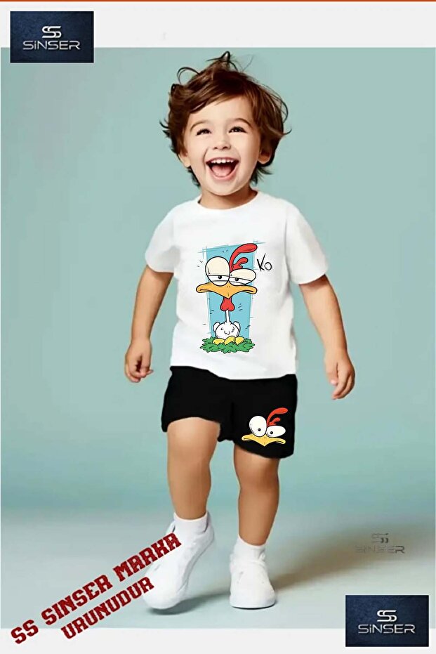Children's “Chicken Ko“ Special Printed Crew Neck T-Shirt - Shorts Set