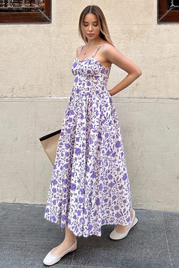 Purple Strap Floral Patterned Women's Midi Dress with Breast Pad