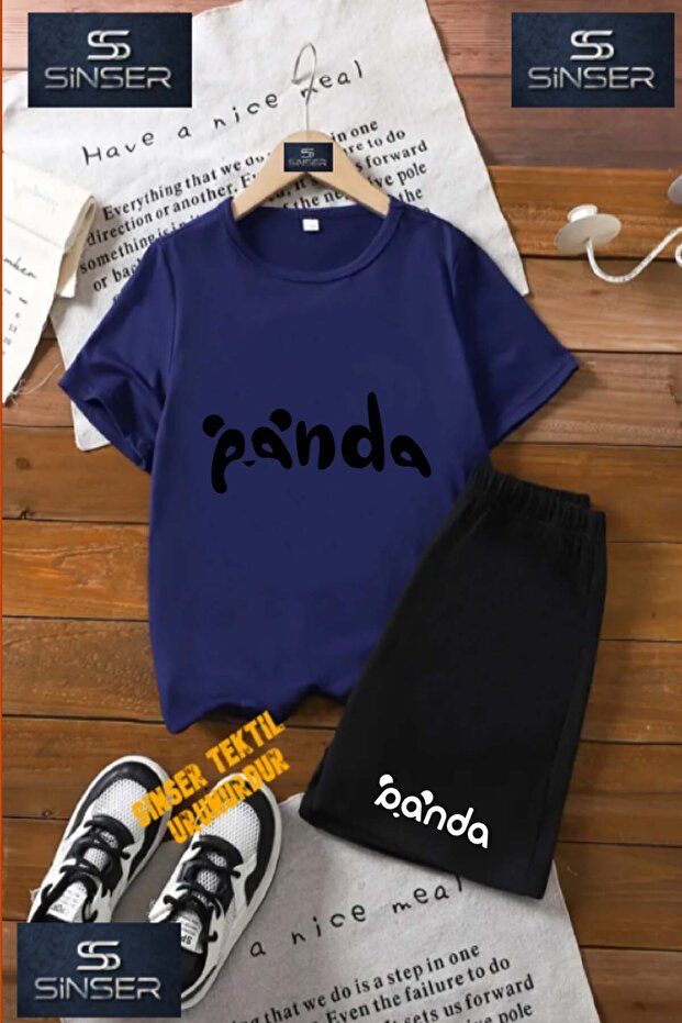 Kids “Panda Writing Head Black“ Custom Printed Crew Neck T-Shirt - Shorts Set