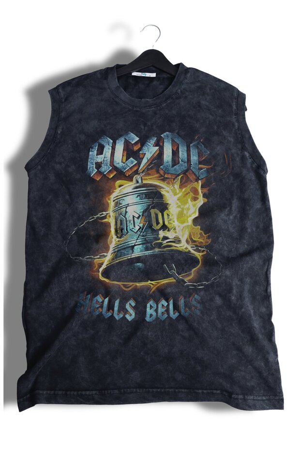 Ac Dc Printed Washed Sleeveless T-Shirt, Unisex Rock Band Themed Zero Sleeve Retro Singlet