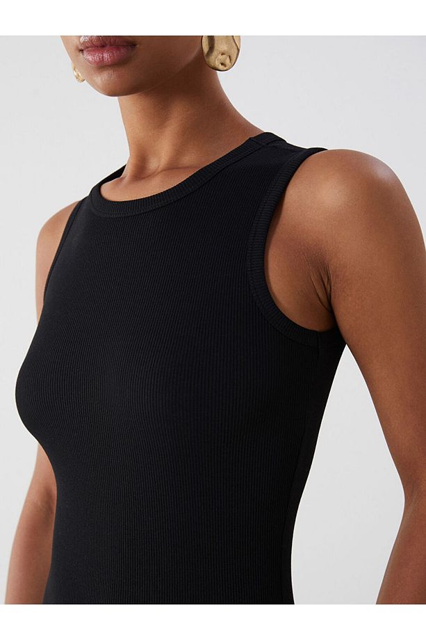 Siyah Bisiklet Yaka Bodycon Elbise - 3