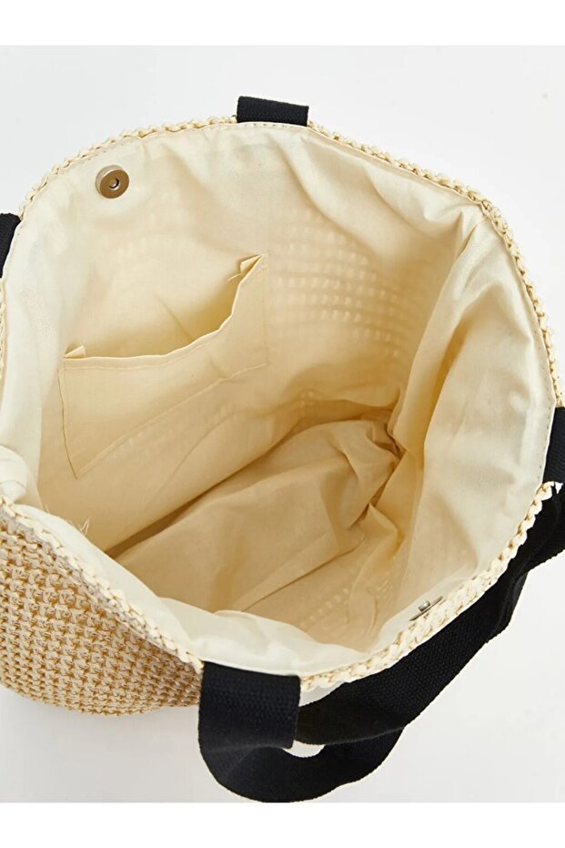 LCW Plaj ÇantasıKadın Hasır Ekru Çıt Çıt Kapamalı - 5