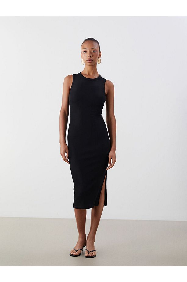 Siyah Bisiklet Yaka Bodycon Elbise - 1